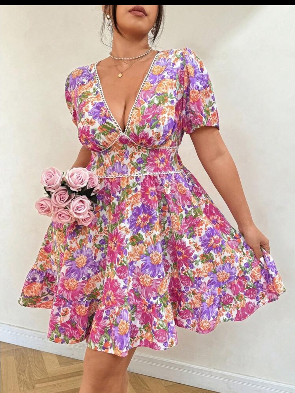 Floral V-Neck Puff Sleeve Mini Dress - 0XL